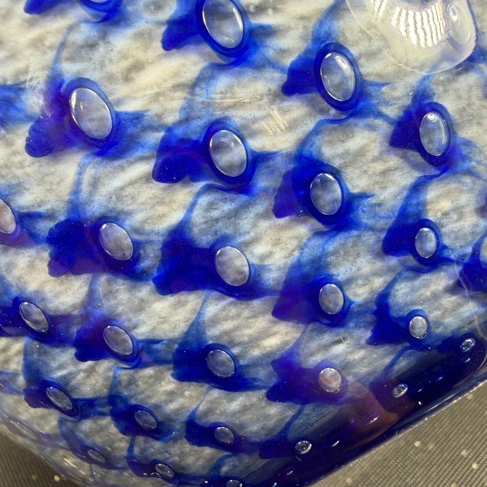 Positano Italy Blue White Art Glass Vase 9 Inch Tapered Honeycomb Pattern Vessel